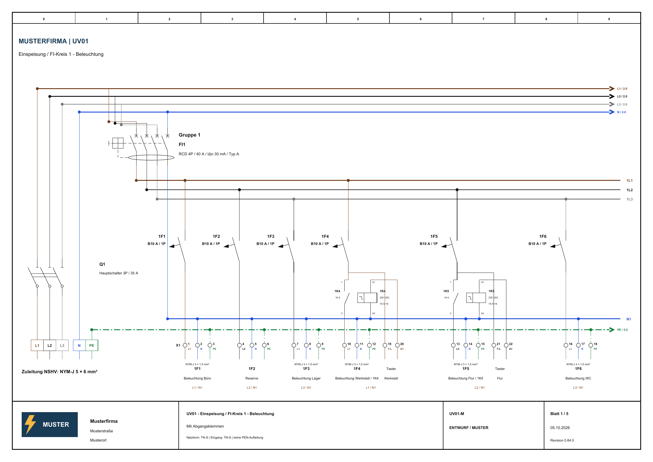 Blatt 1 des Musterplans mit Klemmenbezeichnungen