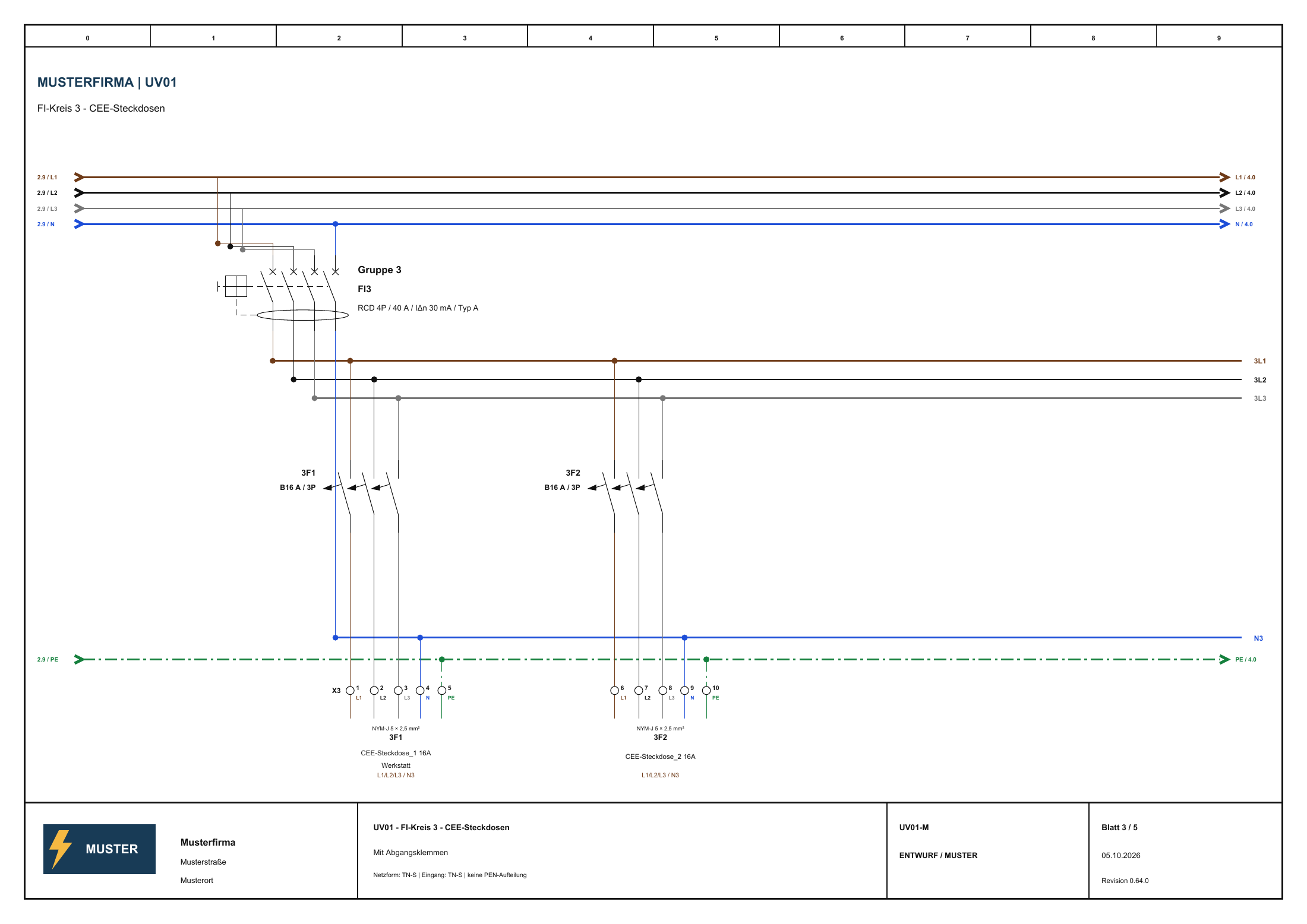 Blatt 3 des Musterplans mit Klemmenbezeichnungen