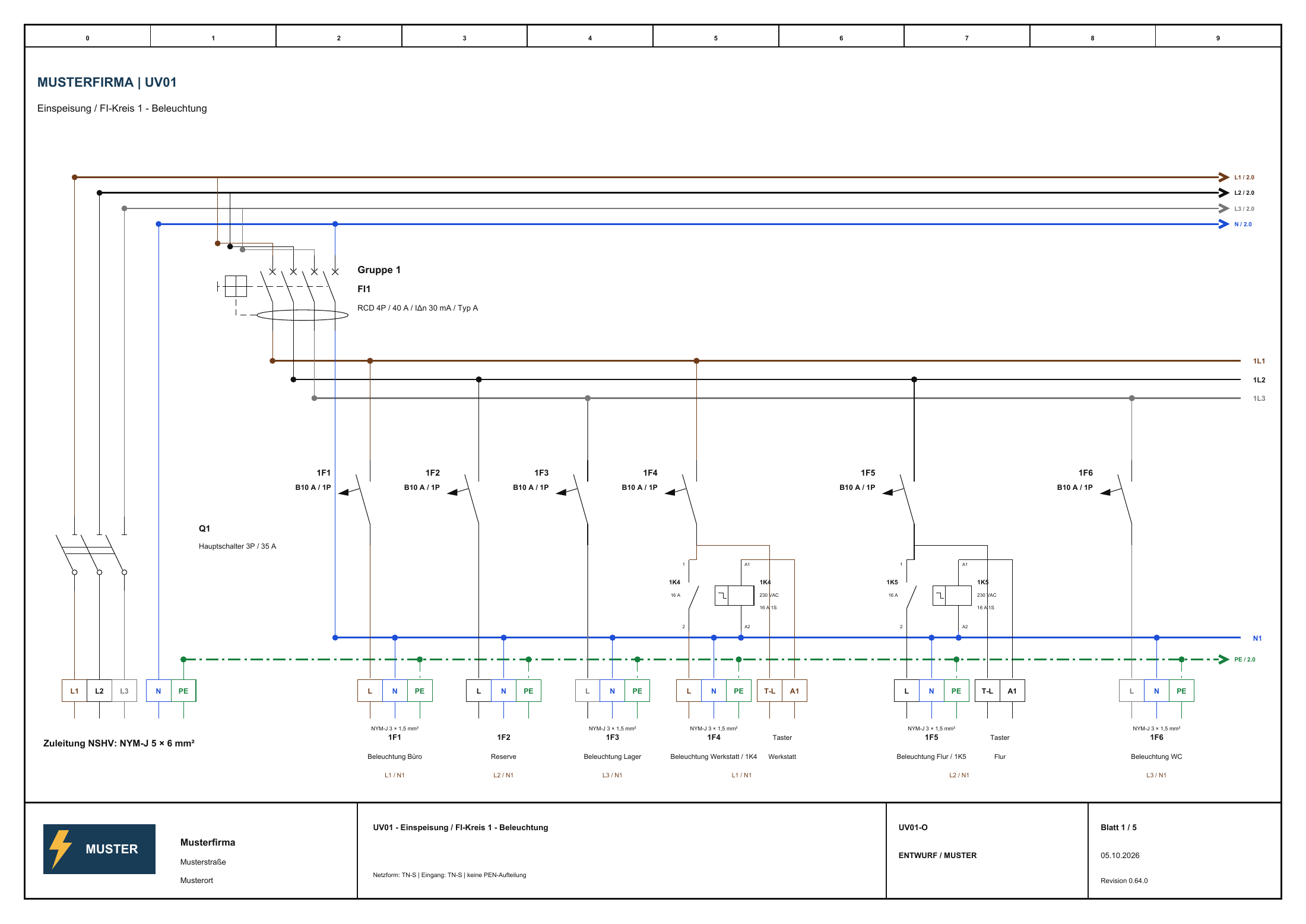 Blatt 1 des Musterplans ohne Klemmenbezeichnungen